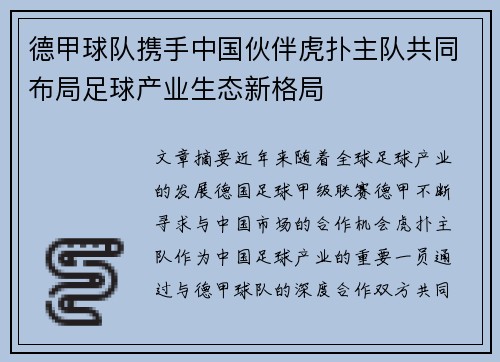 德甲球队携手中国伙伴虎扑主队共同布局足球产业生态新格局