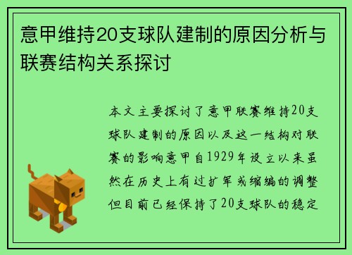 意甲维持20支球队建制的原因分析与联赛结构关系探讨