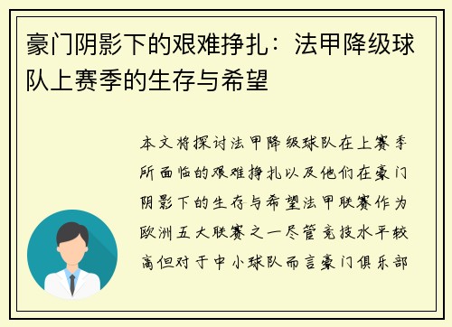 豪门阴影下的艰难挣扎：法甲降级球队上赛季的生存与希望